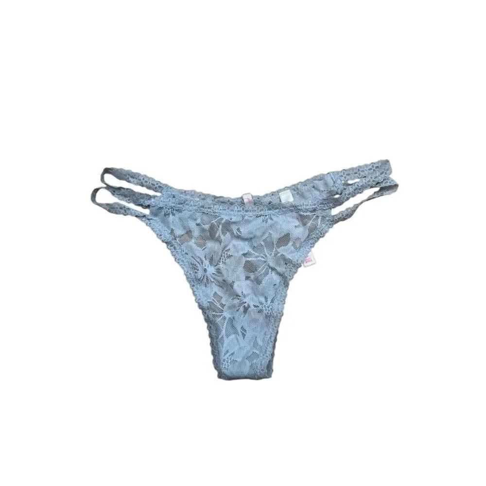 Victorias Secret Pink Blue Lace Double Strap Thong Small